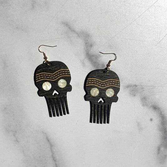 Wood Skull Comb Earrings