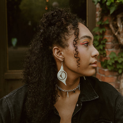 A side profile of a model wearing ivory acrylic "Octopus Eye" earrings from Copper Canoe Woman.
