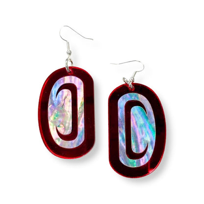 "Abalone Ovoid" earrings in red mirror acrylic from Copper Canoe Woman.