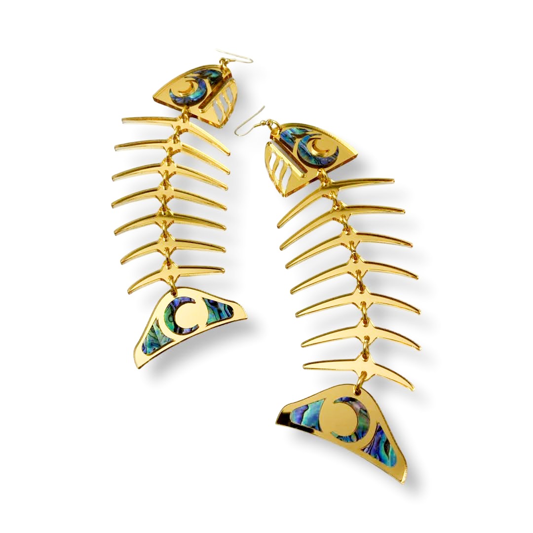 Gold mirror acrylic large salmon ghost earrings from Copper Canoe Woman on a white background.