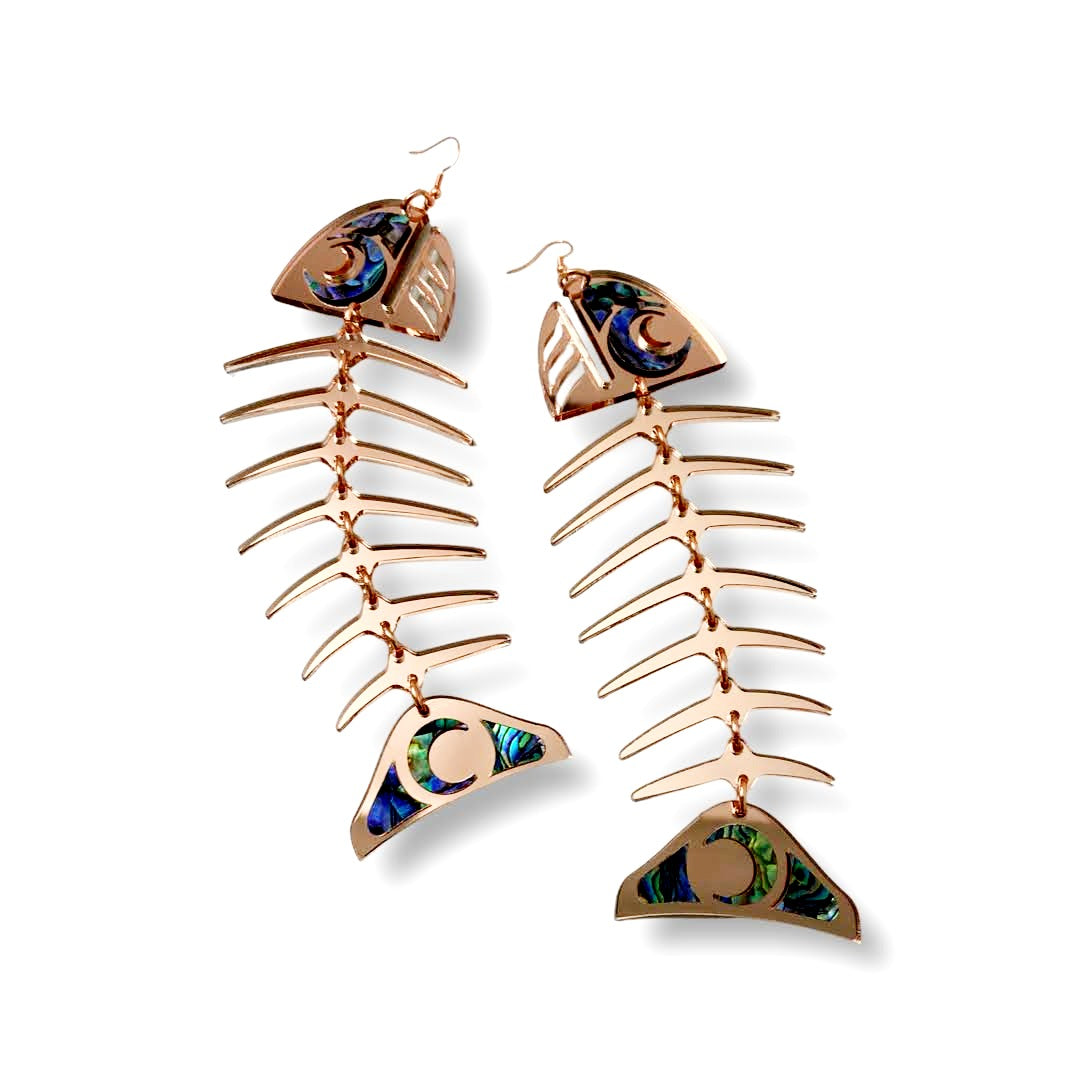 Rosegold mirror acrylic large salmon ghost earrings from Copper Canoe Woman.